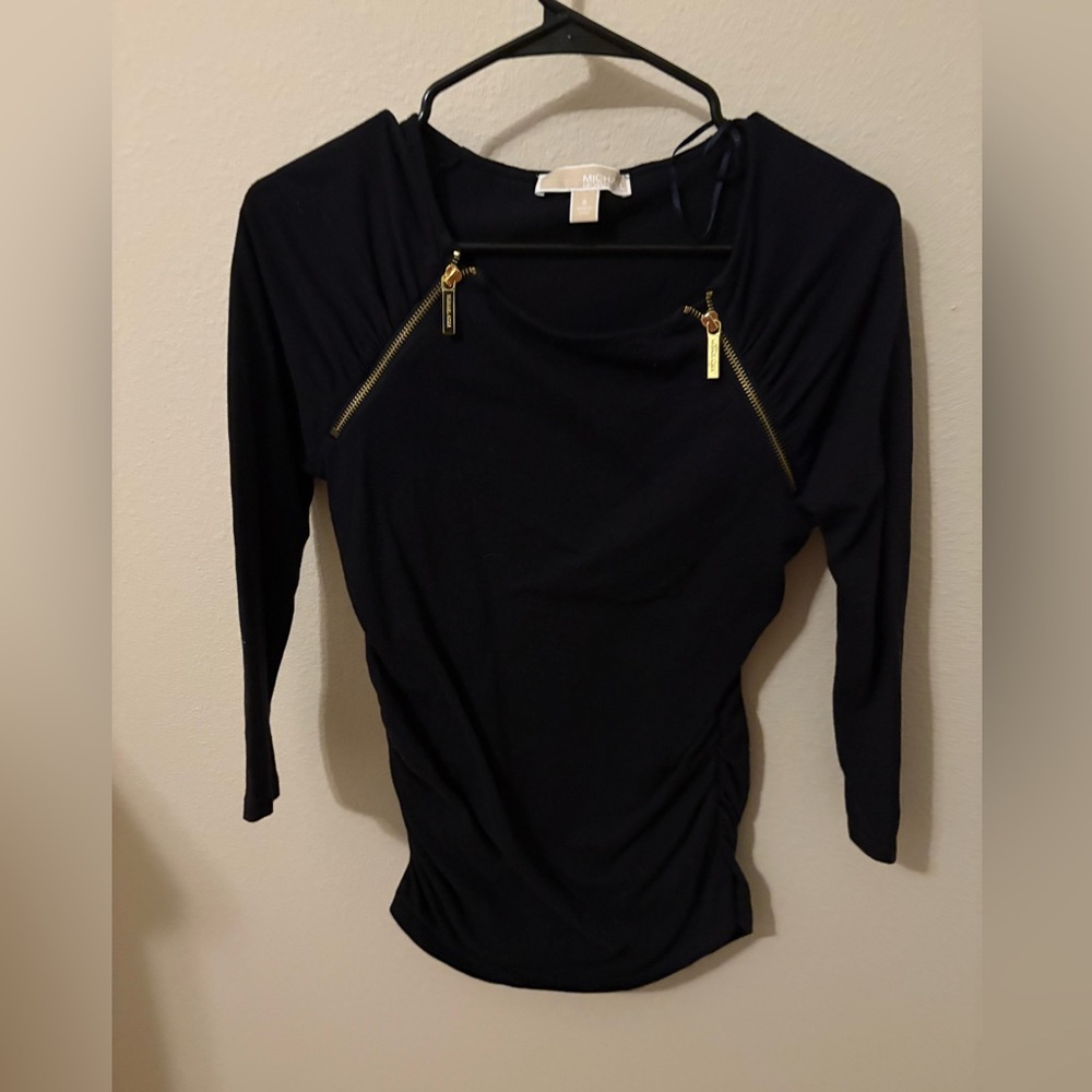 MICHAEL Michael Kors Shirred Zip-Shoulders Casual Black Top